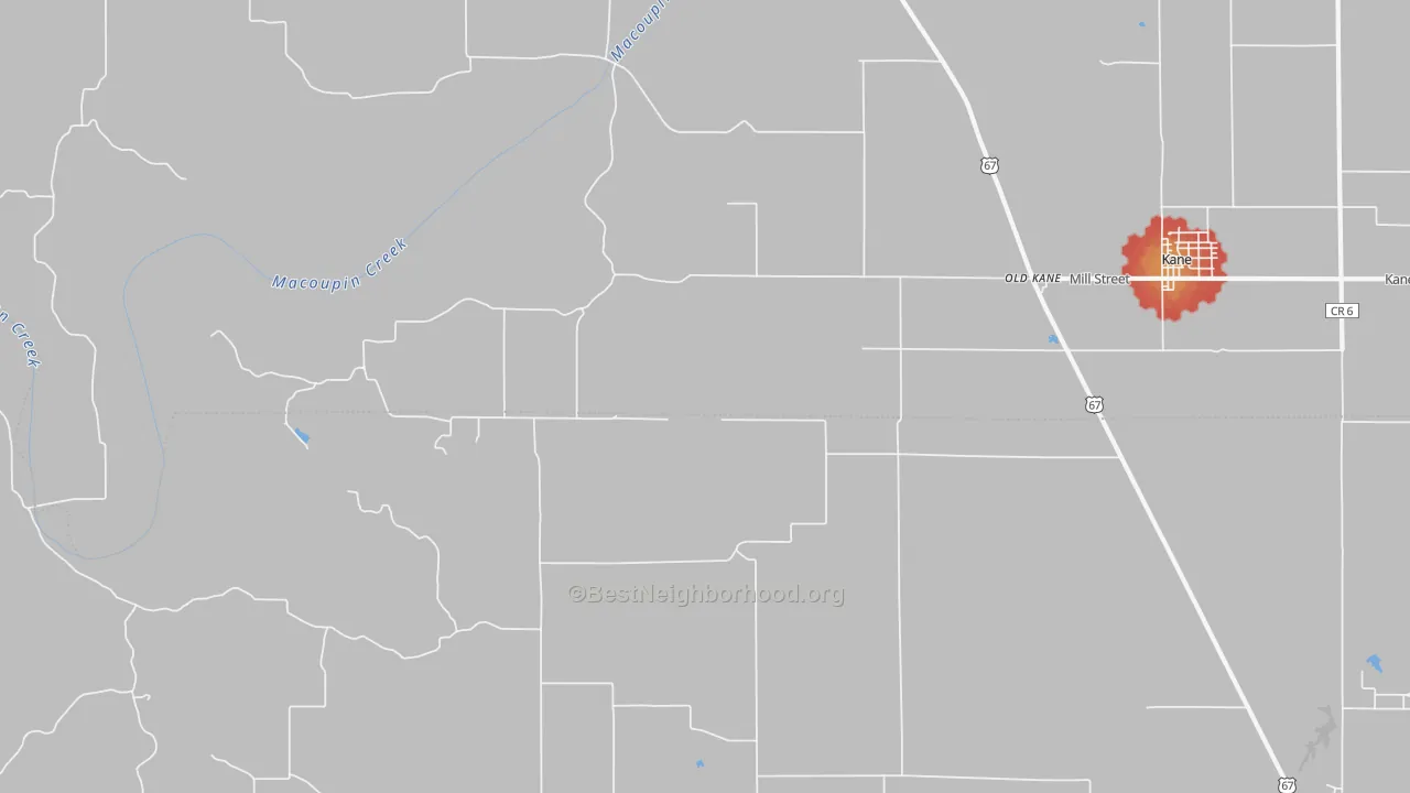 Walk Grade map of Old Kane, IL, walkable areas in green and car-dependent areas in red