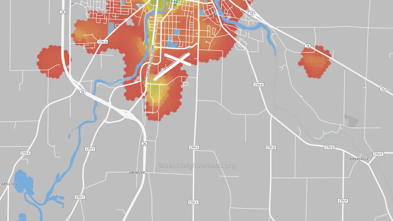 Walk Grade map of Old Lebanon, WI, walkable areas in green and car-dependent areas in red
