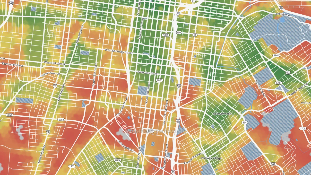Walk Grade map of Old Louisville, Louisville, KY, walkable areas in green and car-dependent areas in red
