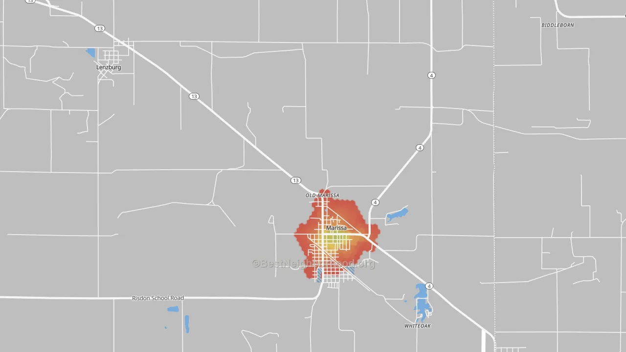 Walk Grade map of Old Marissa, IL, walkable areas in green and car-dependent areas in red