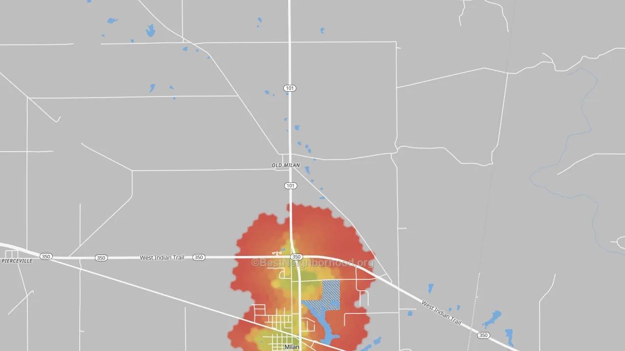 Walk Grade map of Old Milan, IN, walkable areas in green and car-dependent areas in red