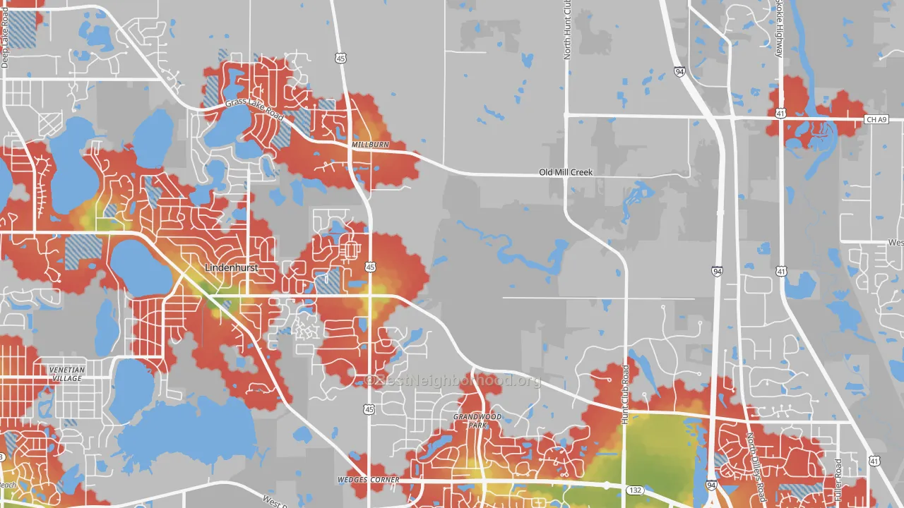Walk Grade map of Old Mill Creek, IL, walkable areas in green and car-dependent areas in red