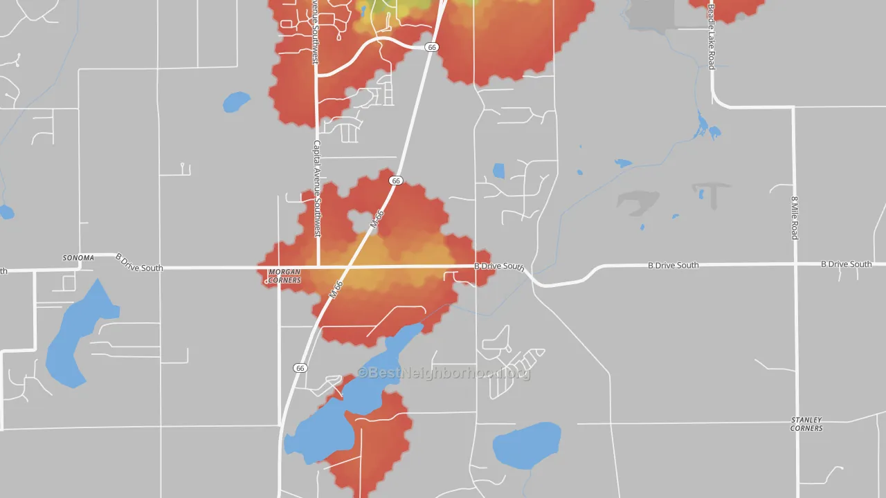 Walk Grade map of Old Mill Gardens, MI, walkable areas in green and car-dependent areas in red