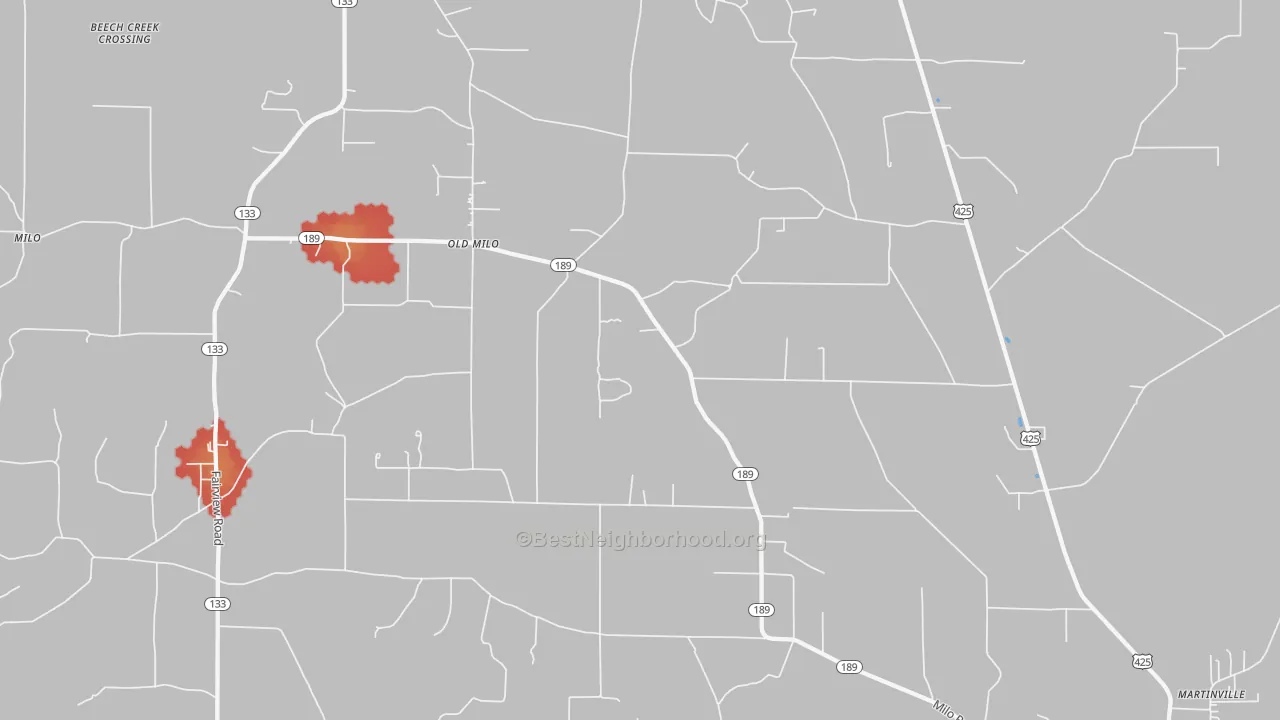 Walk Grade map of Old Milo, AR, walkable areas in green and car-dependent areas in red