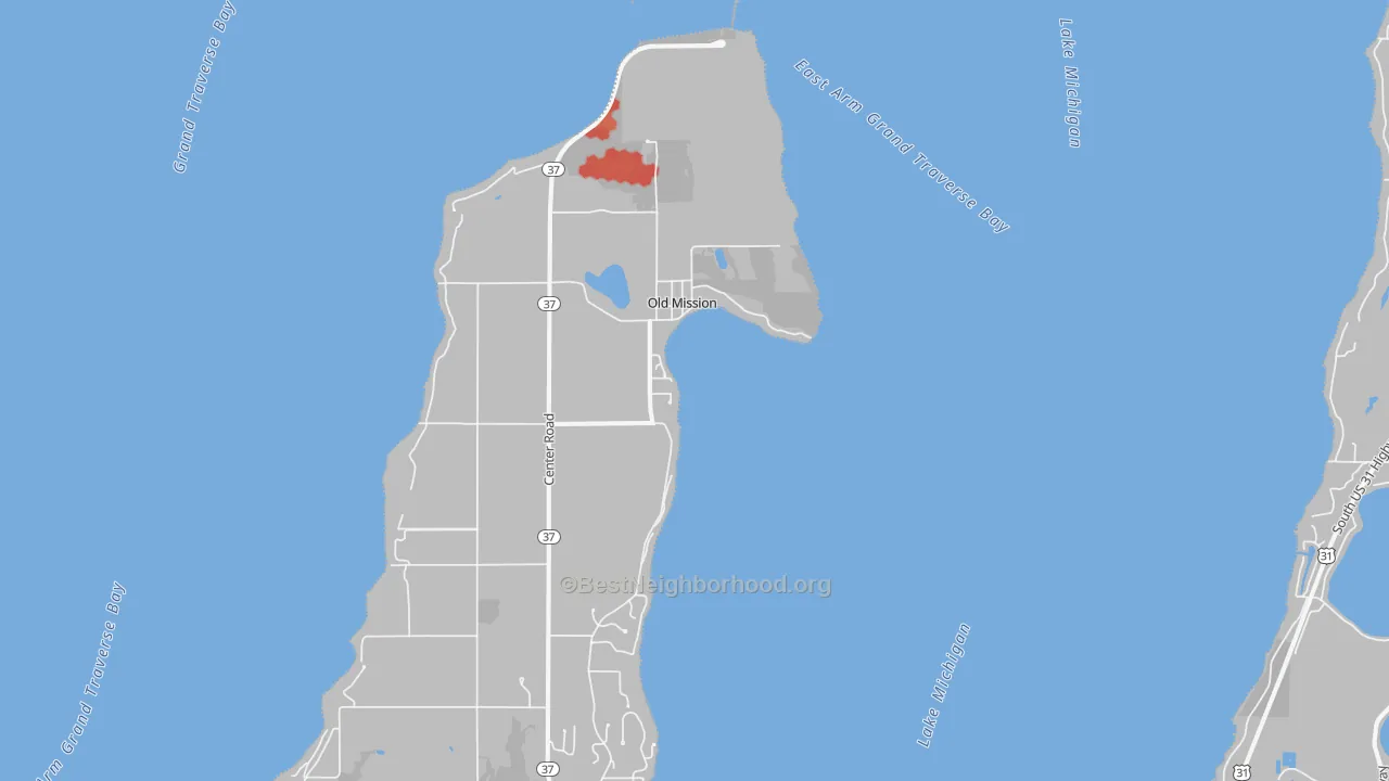 Walk Grade map of Old Mission, MI, walkable areas in green and car-dependent areas in red