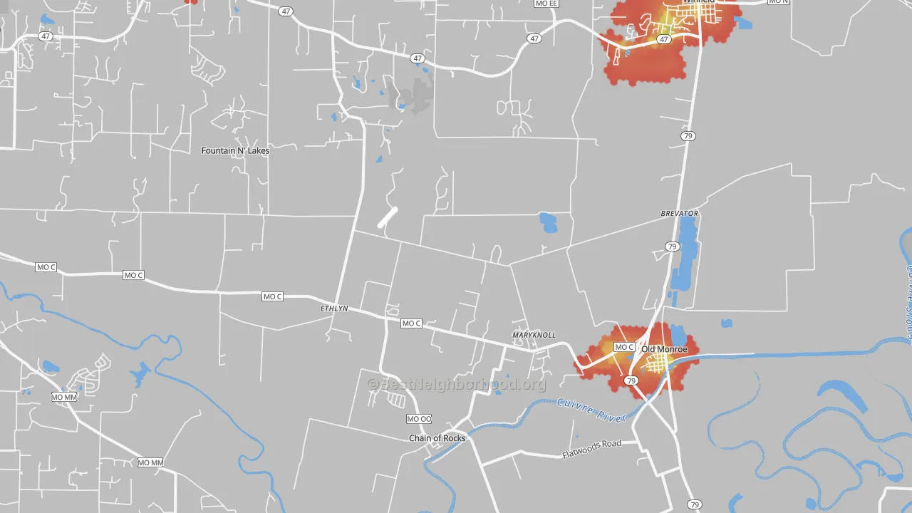 Walk Grade map of Old Monroe, MO, walkable areas in green and car-dependent areas in red