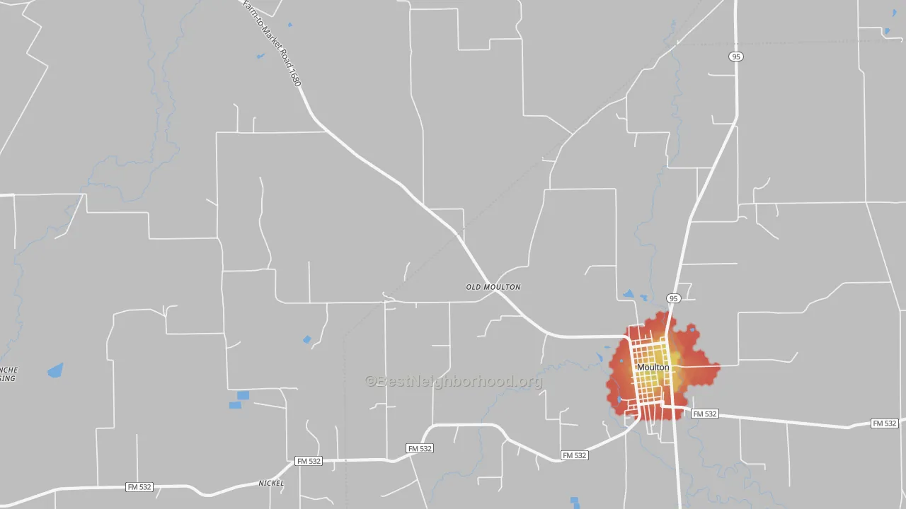 Walk Grade map of Old Moulton, TX, walkable areas in green and car-dependent areas in red