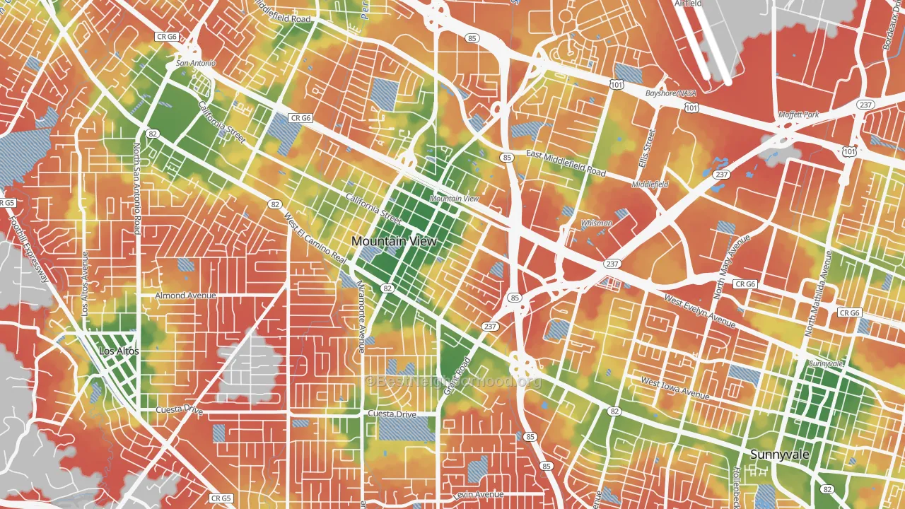 Walk Grade map of Old Mountain View, Mountain View, CA, walkable areas in green and car-dependent areas in red