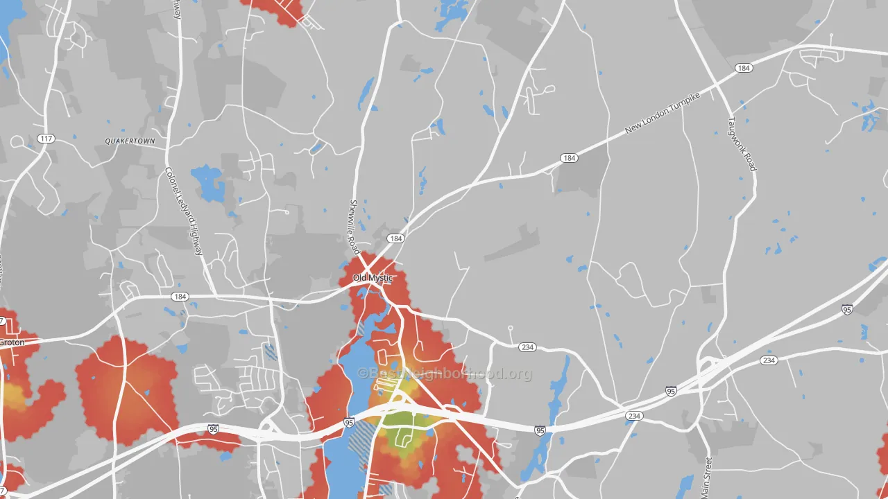 Walk Grade map of Old Mystic, CT, walkable areas in green and car-dependent areas in red