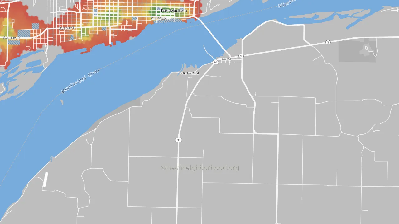Walk Grade map of Old Niota, IL, walkable areas in green and car-dependent areas in red