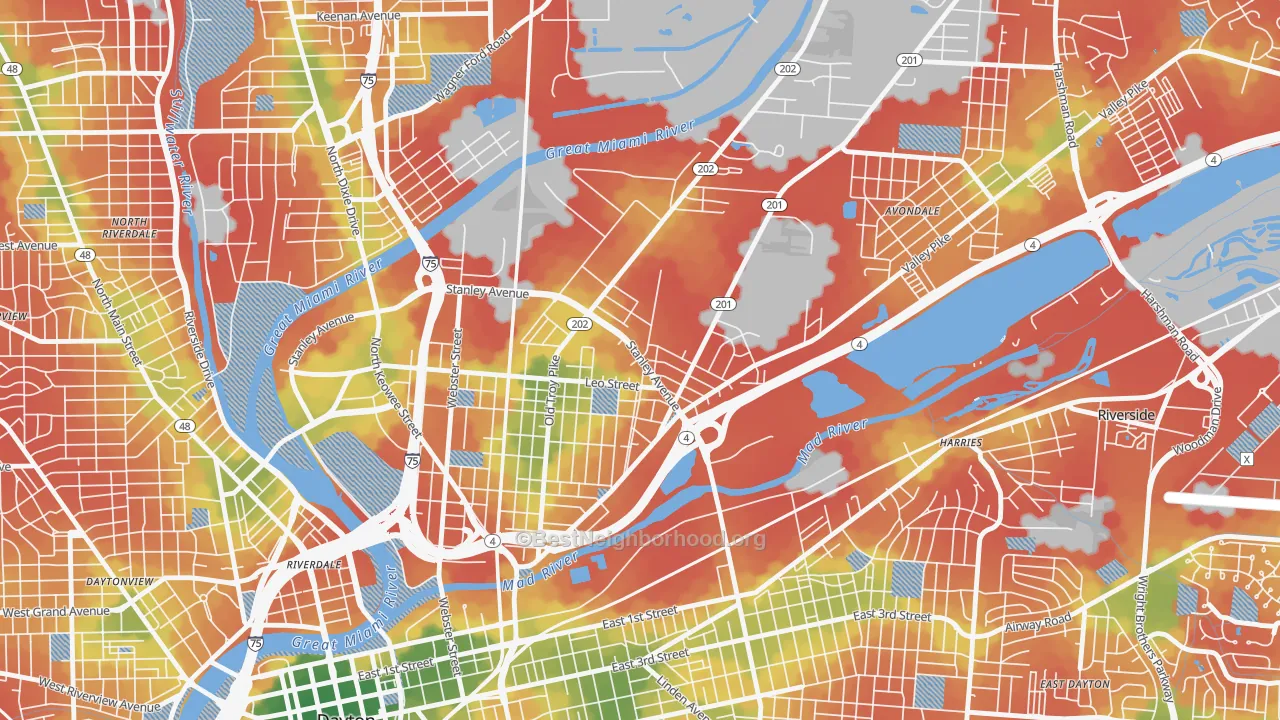 Walk Grade map of Old North Dayton, Dayton, OH, walkable areas in green and car-dependent areas in red