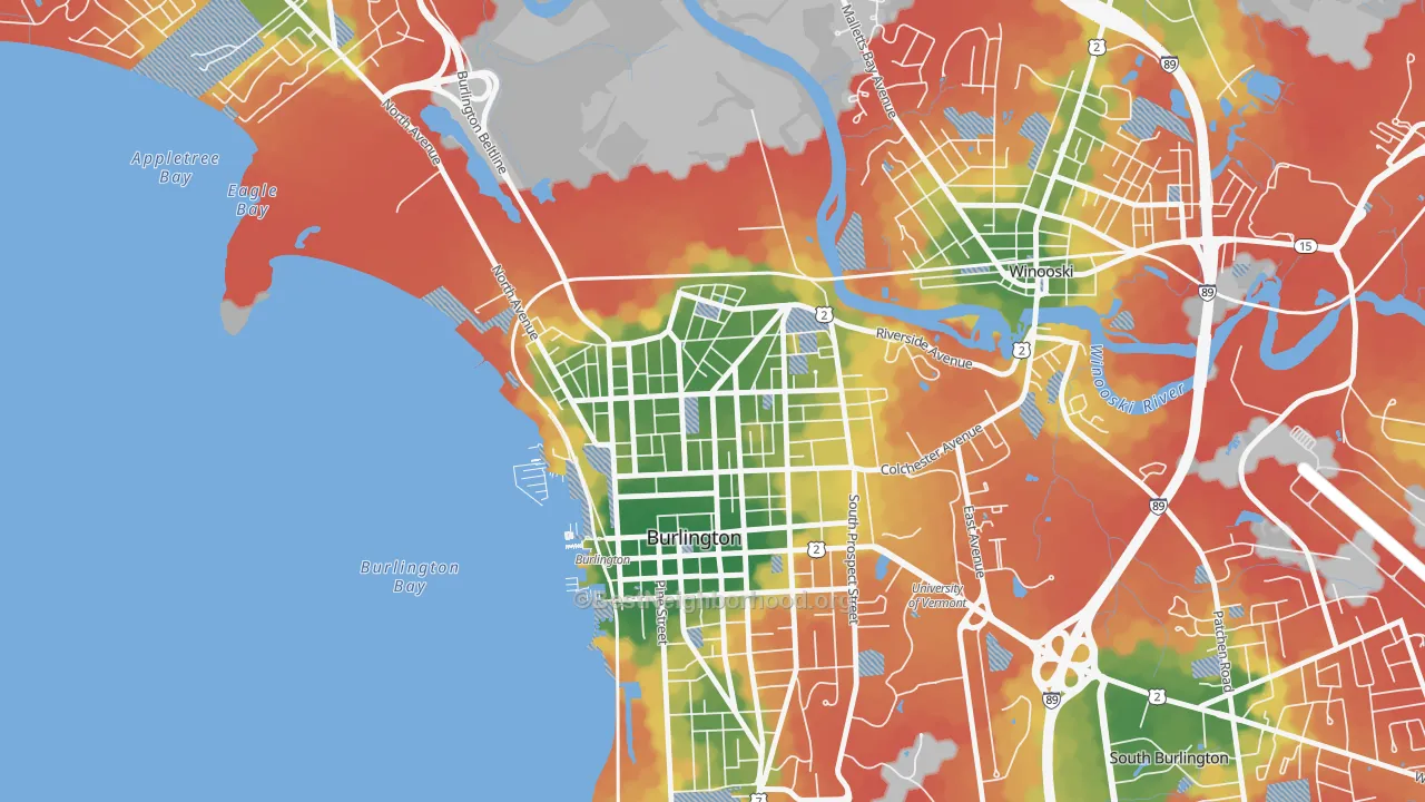 Walk Grade map of Old North End, Burlington, VT, walkable areas in green and car-dependent areas in red
