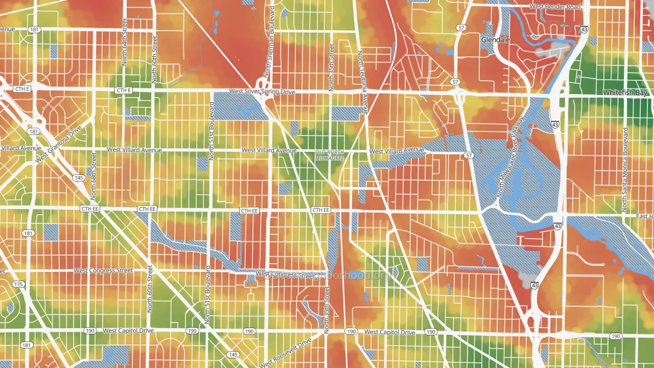 Walk Grade map of Old North Milwaukee, Milwaukee, WI, walkable areas in green and car-dependent areas in red