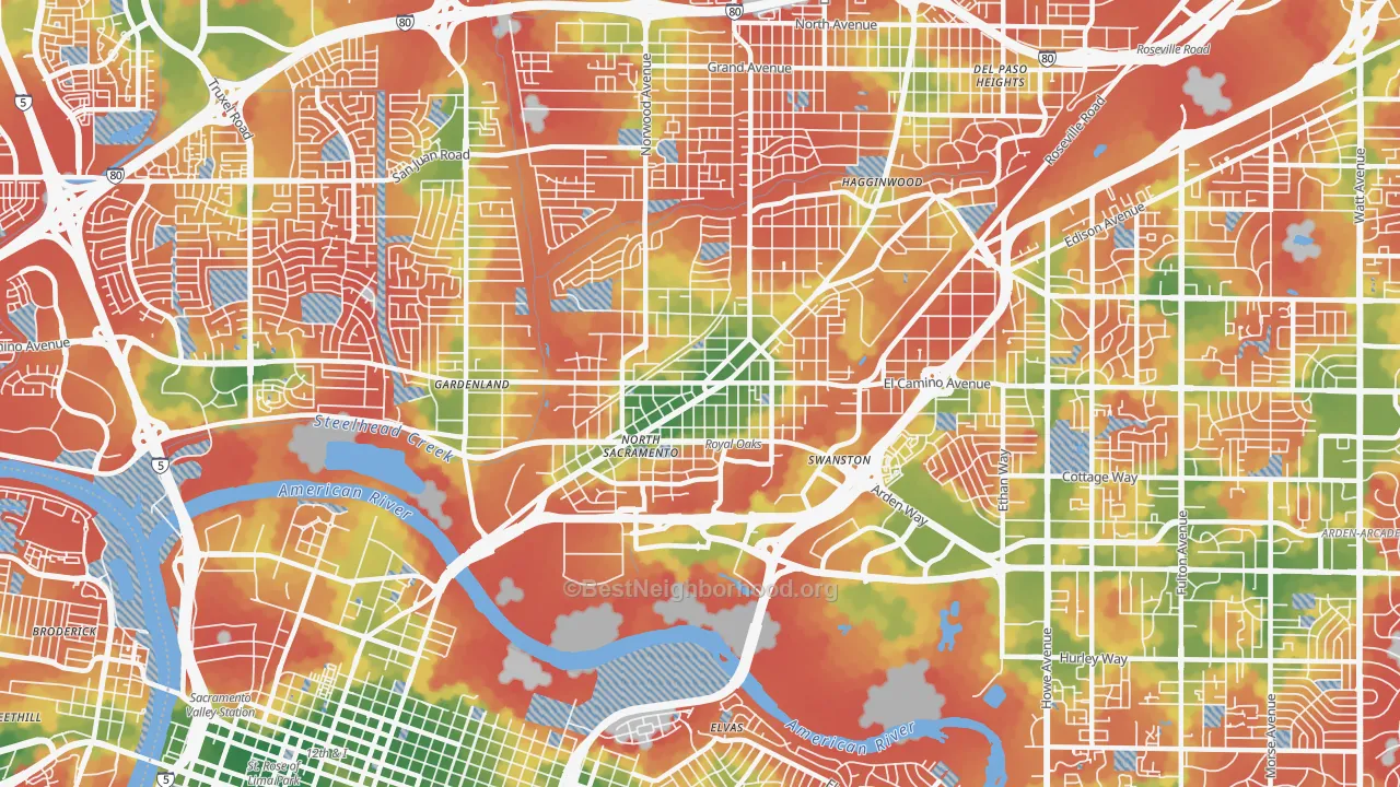 Walk Grade map of Old North Sacramento, Sacramento, CA, walkable areas in green and car-dependent areas in red