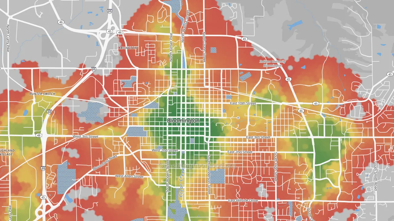 Walk Grade map of Old Northeast, Bloomington, IN, walkable areas in green and car-dependent areas in red