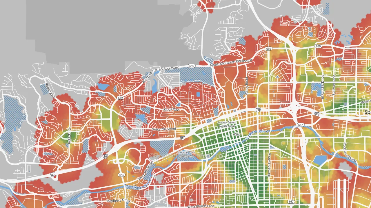 Walk Grade map of Old Northwest-West University, Reno, NV, walkable areas in green and car-dependent areas in red