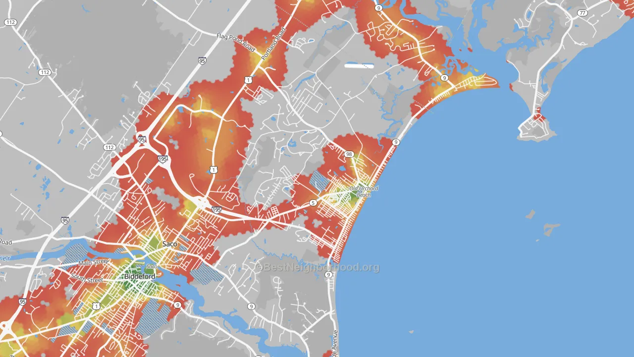 Walk Grade map of Old Orchard Beach, ME, walkable areas in green and car-dependent areas in red