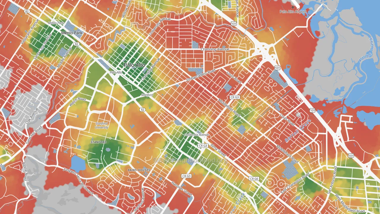 Walk Grade map of Old Palo Alto, Palo Alto, CA, walkable areas in green and car-dependent areas in red