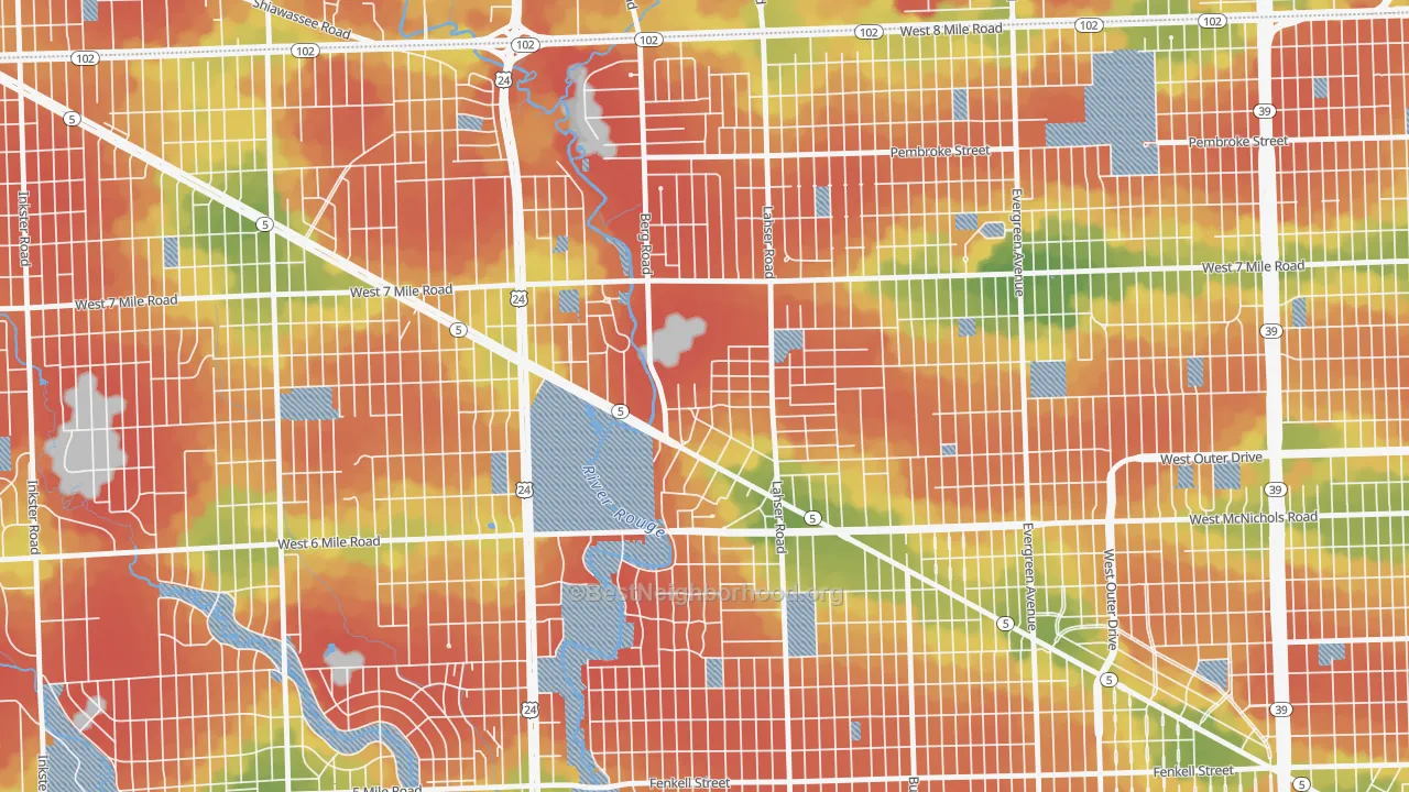 Walk Grade map of Old Redford, Detroit, MI, walkable areas in green and car-dependent areas in red