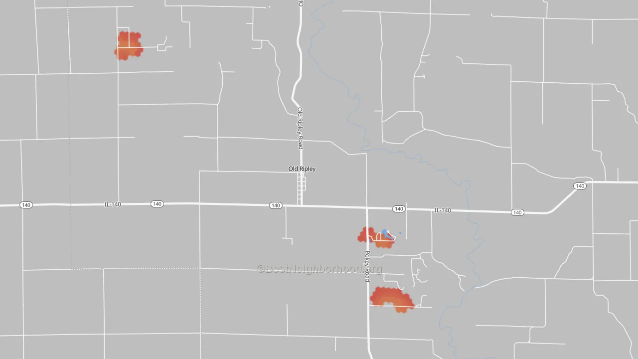 Walk Grade map of Old Ripley, IL, walkable areas in green and car-dependent areas in red
