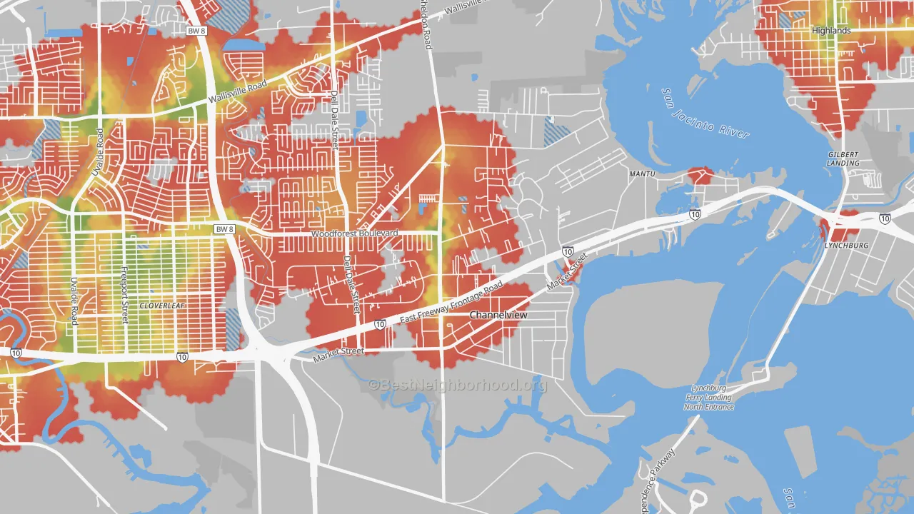 Walk Grade map of Old River Terrace, Channelview, TX, walkable areas in green and car-dependent areas in red