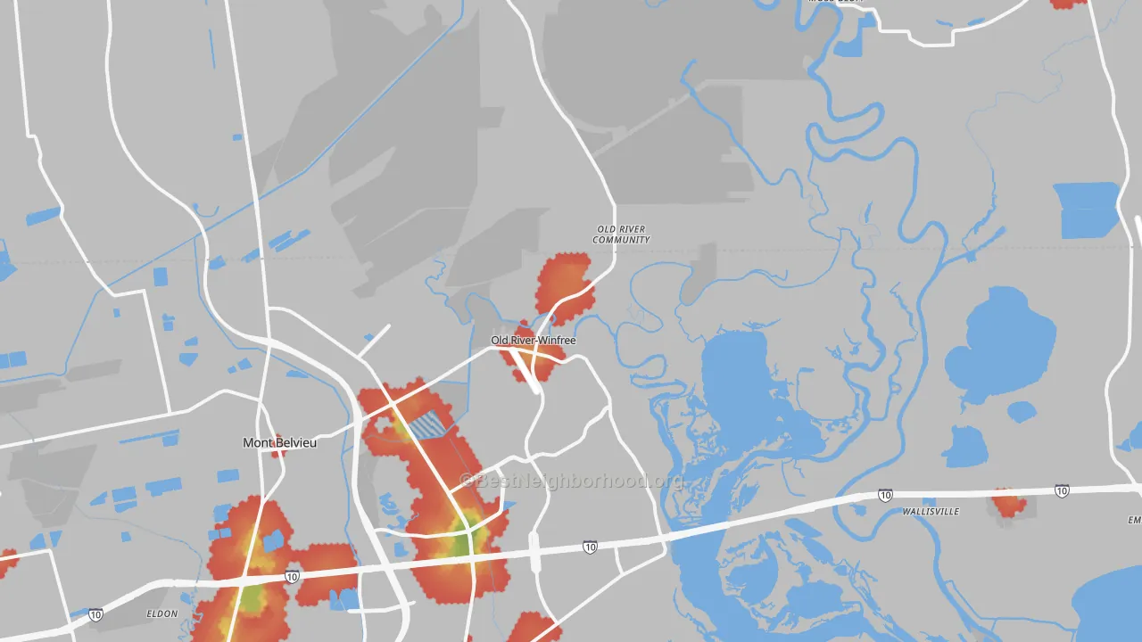Walk Grade map of Old River-Winfree, TX, walkable areas in green and car-dependent areas in red