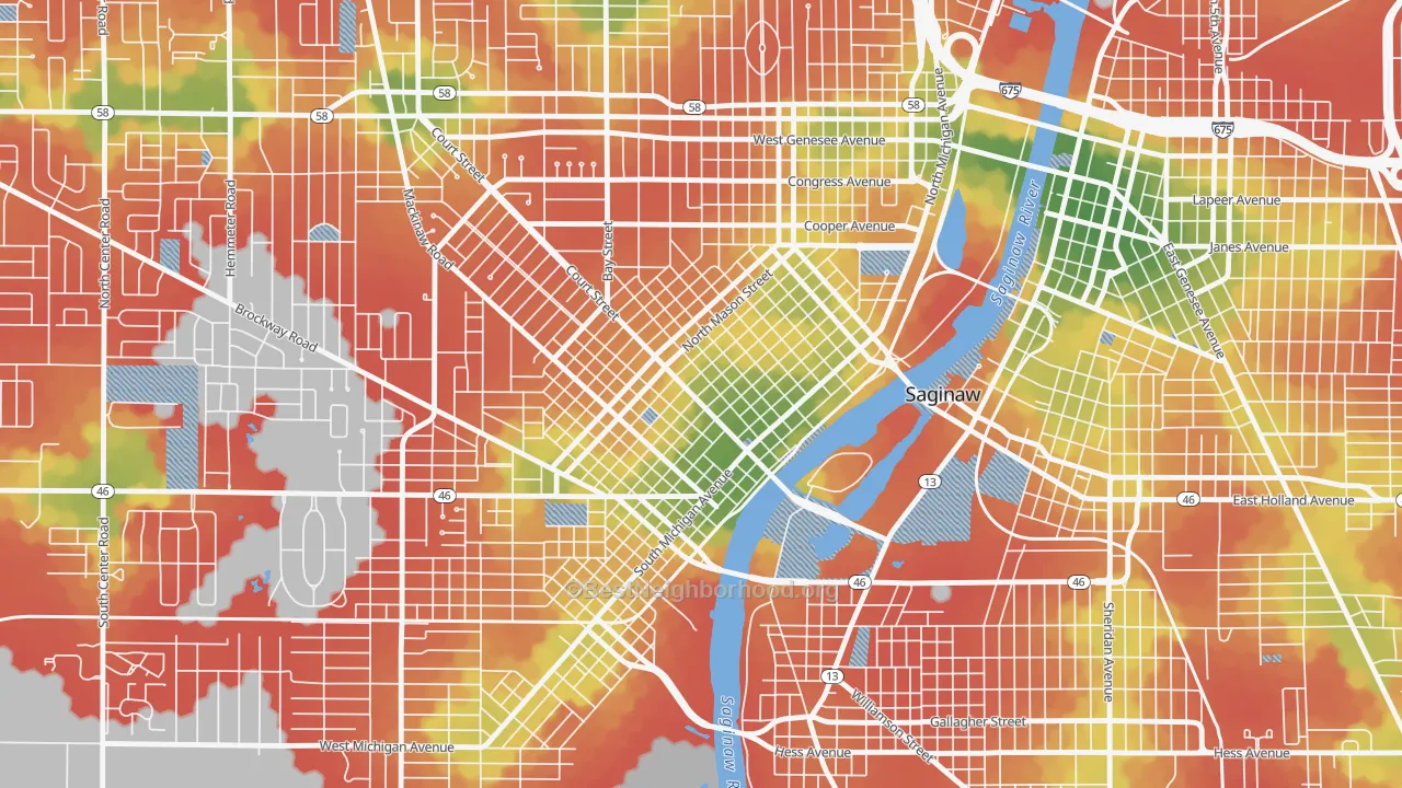 Walk Grade map of Old Saginaw City, Saginaw, MI, walkable areas in green and car-dependent areas in red