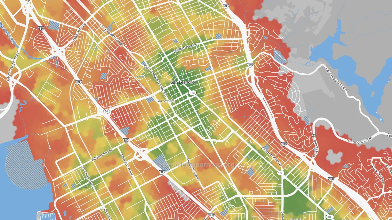 Walk Grade map of Old San Leandro, San Leandro, CA, walkable areas in green and car-dependent areas in red