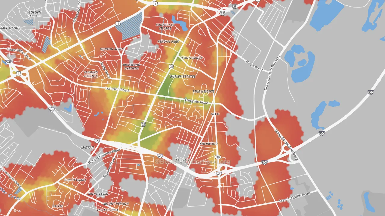 Walk Grade map of Old Savannah, Augusta, GA, walkable areas in green and car-dependent areas in red