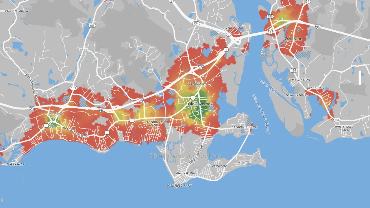 Walk Grade map of Old Saybrook, CT, walkable areas in green and car-dependent areas in red