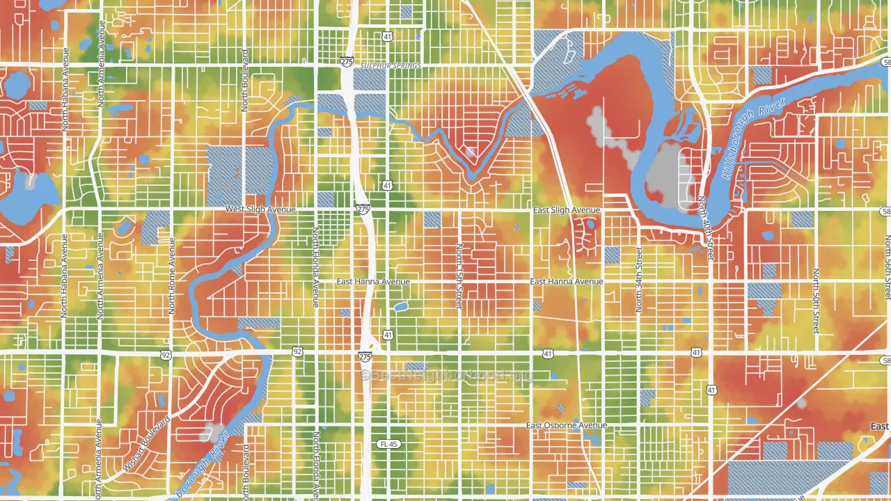 Walk Grade map of Old Seminol Heights, Tampa, FL, walkable areas in green and car-dependent areas in red