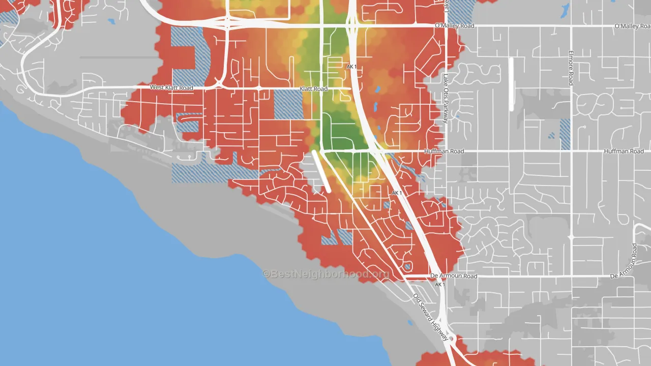 Walk Grade map of Old Seward-Oceanview, Anchorage, AK, walkable areas in green and car-dependent areas in red