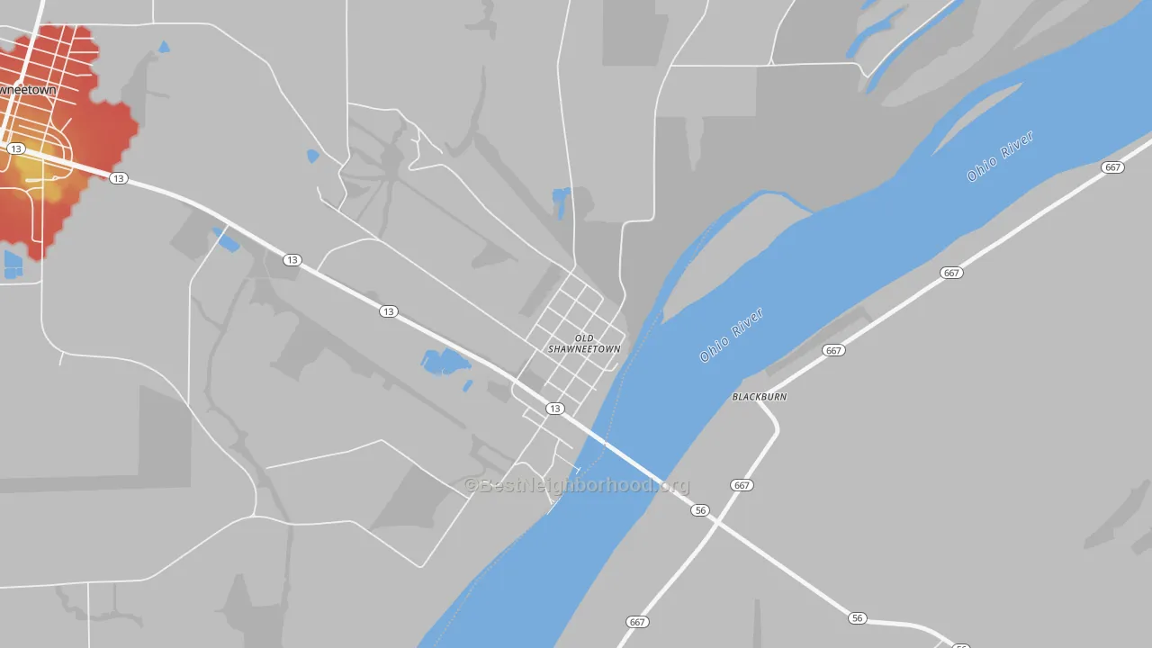 Walk Grade map of Old Shawneetown, IL, walkable areas in green and car-dependent areas in red