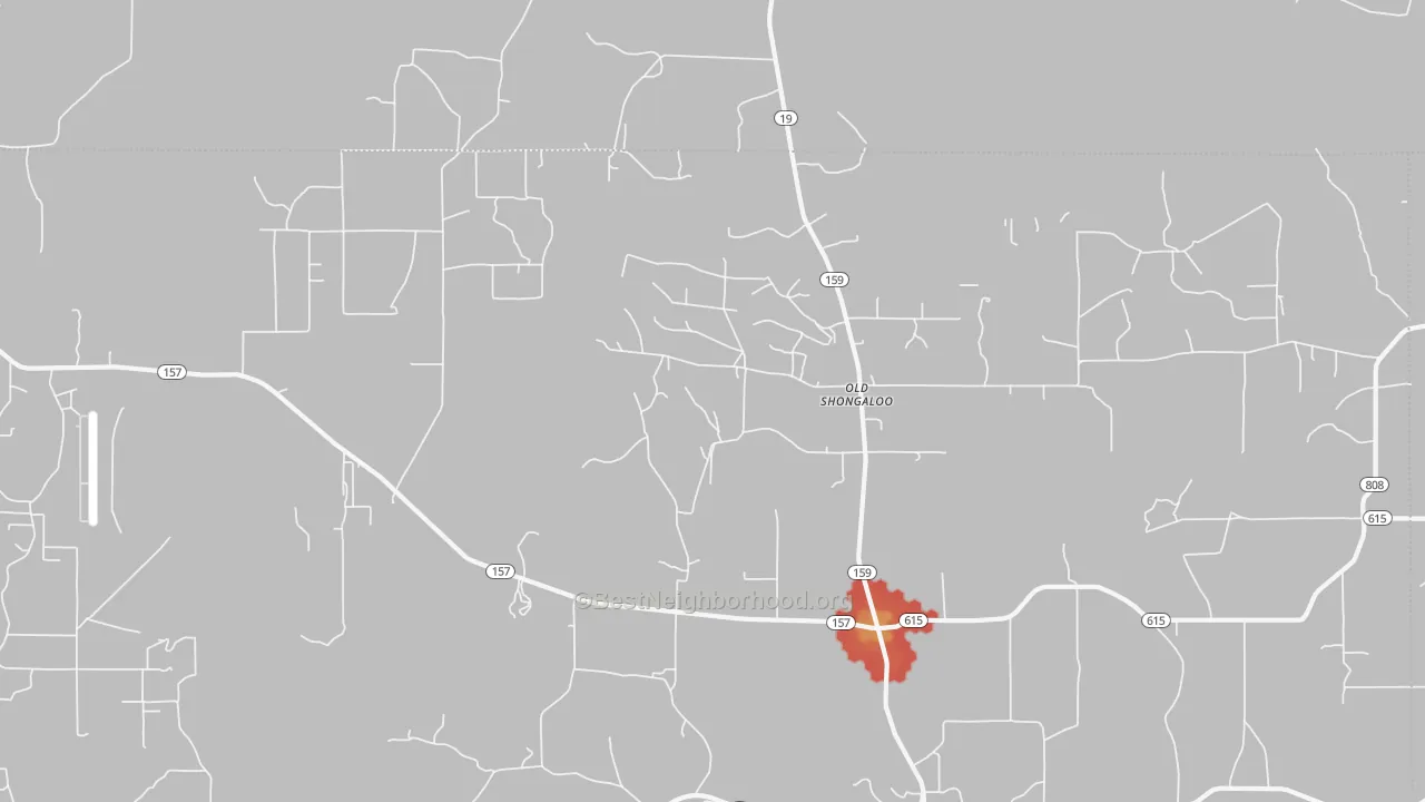 Walk Grade map of Old Shongaloo, LA, walkable areas in green and car-dependent areas in red