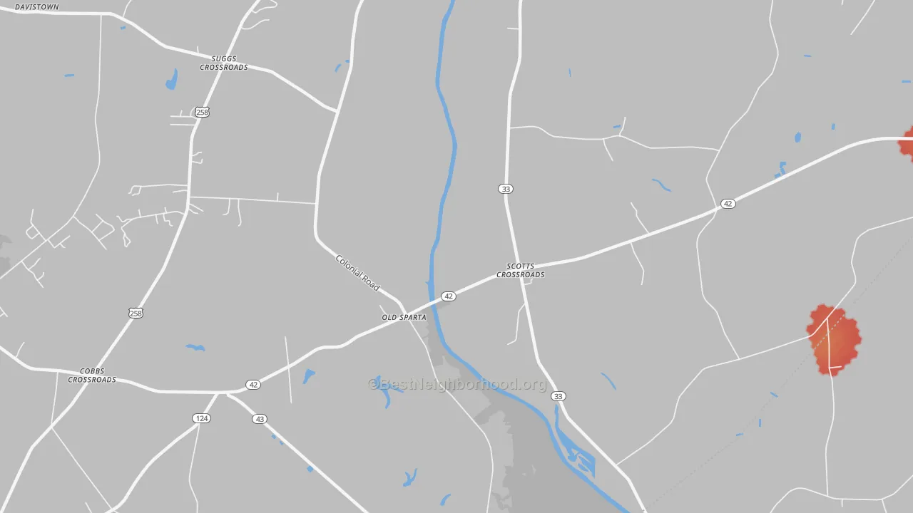 Walk Grade map of Old Sparta, NC, walkable areas in green and car-dependent areas in red
