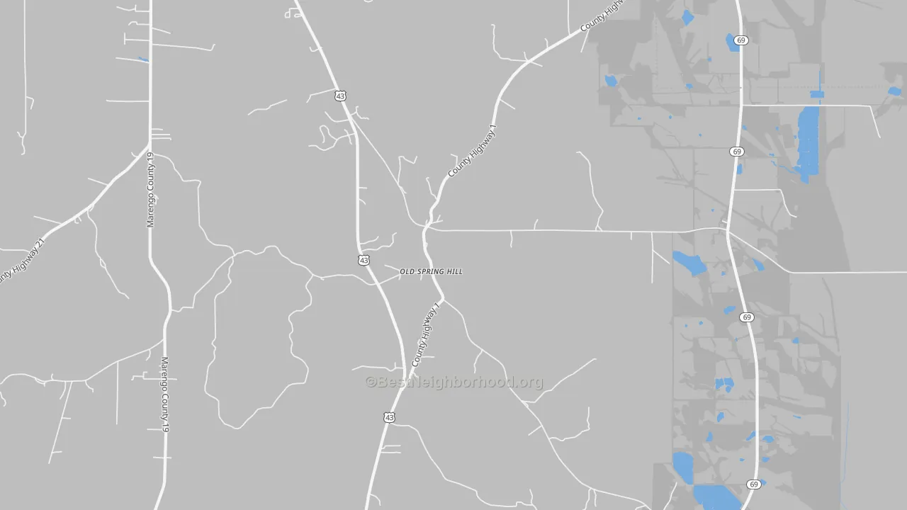Walk Grade map of Old Spring Hill, AL, walkable areas in green and car-dependent areas in red