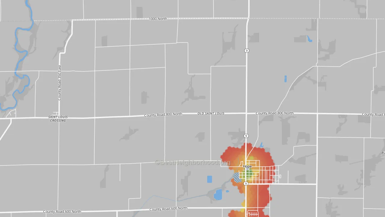 Walk Grade map of Old St. Louis, IN, walkable areas in green and car-dependent areas in red