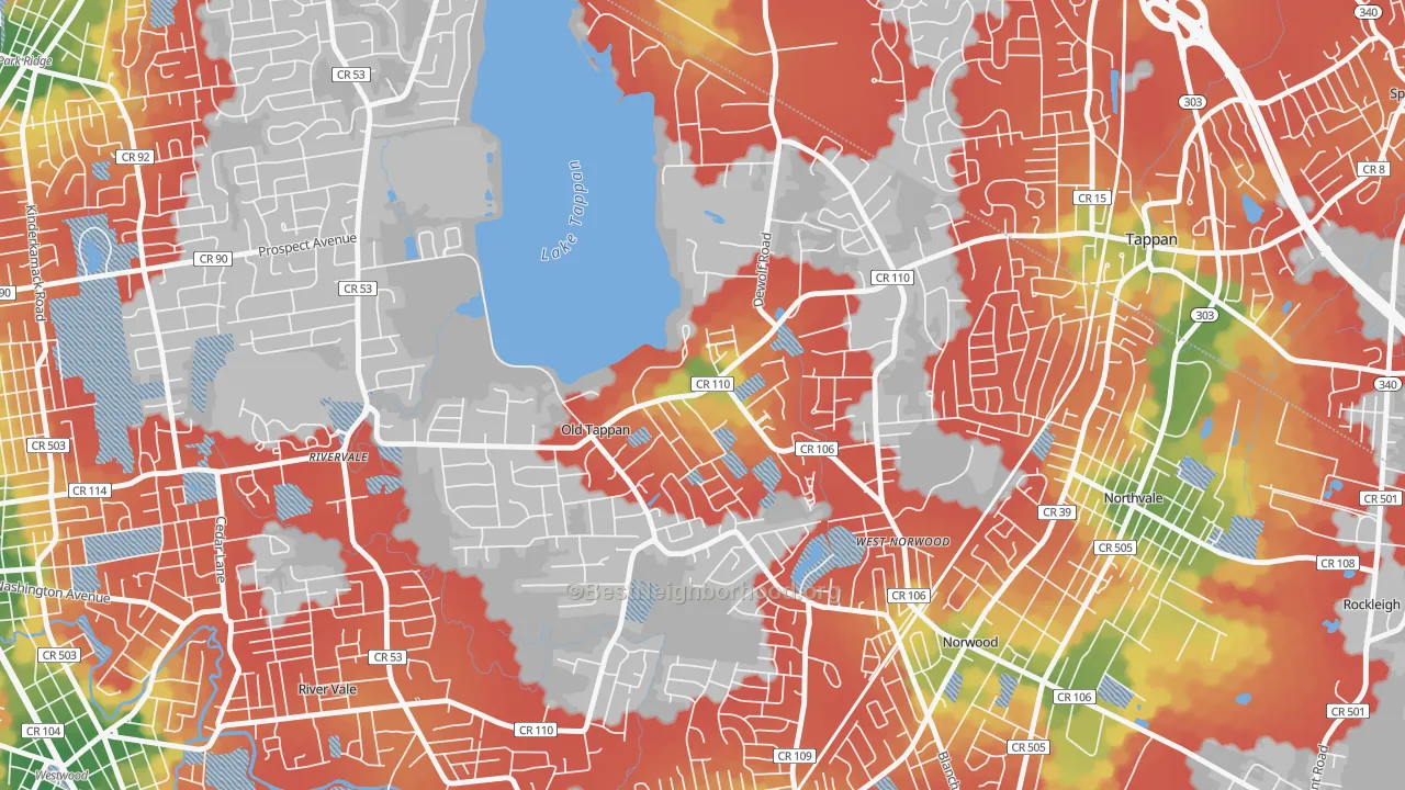 Walk Grade map of Old Tappan, NJ, walkable areas in green and car-dependent areas in red