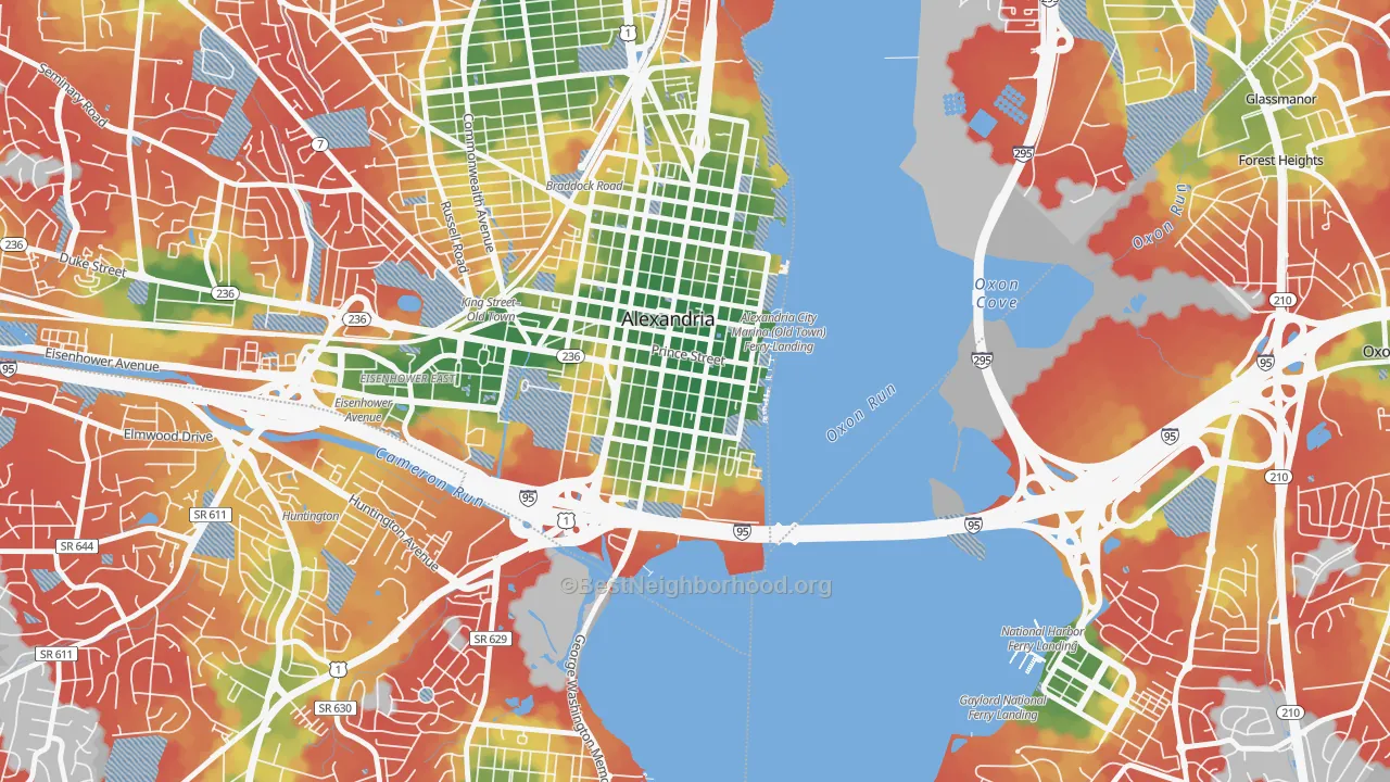 Walk Grade map of Old Town, Alexandria, VA, walkable areas in green and car-dependent areas in red