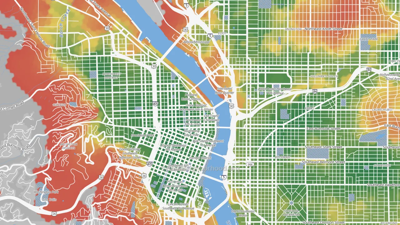Walk Grade map of Old Town-Chinatown, Portland, OR, walkable areas in green and car-dependent areas in red