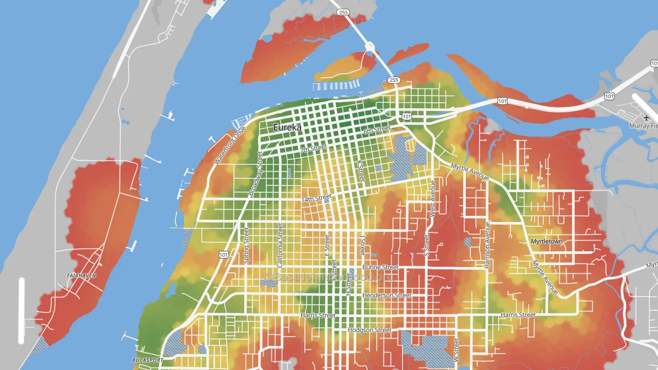 Walk Grade map of Old Town, Eureka, CA, walkable areas in green and car-dependent areas in red