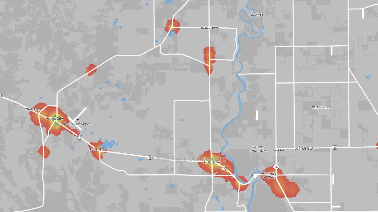 Walk Grade map of Old Town, FL, walkable areas in green and car-dependent areas in red
