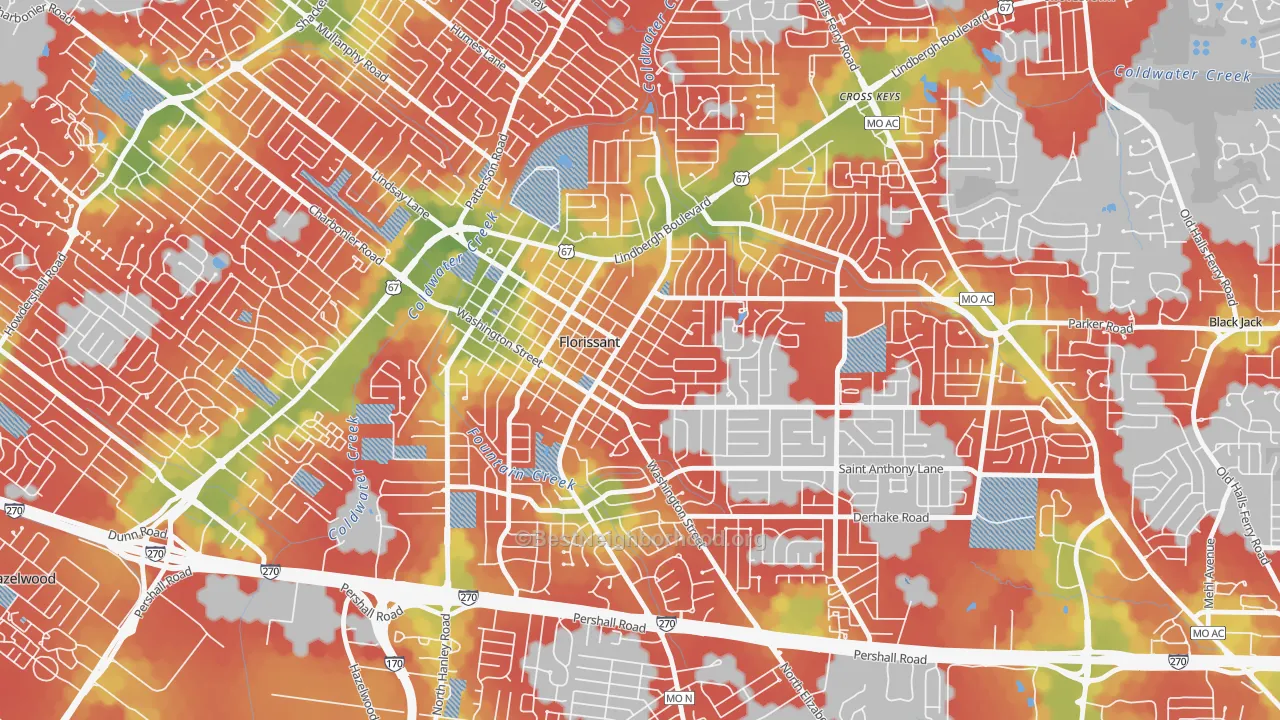 Walk Grade map of Old Town Florissant, Florissant, MO, walkable areas in green and car-dependent areas in red