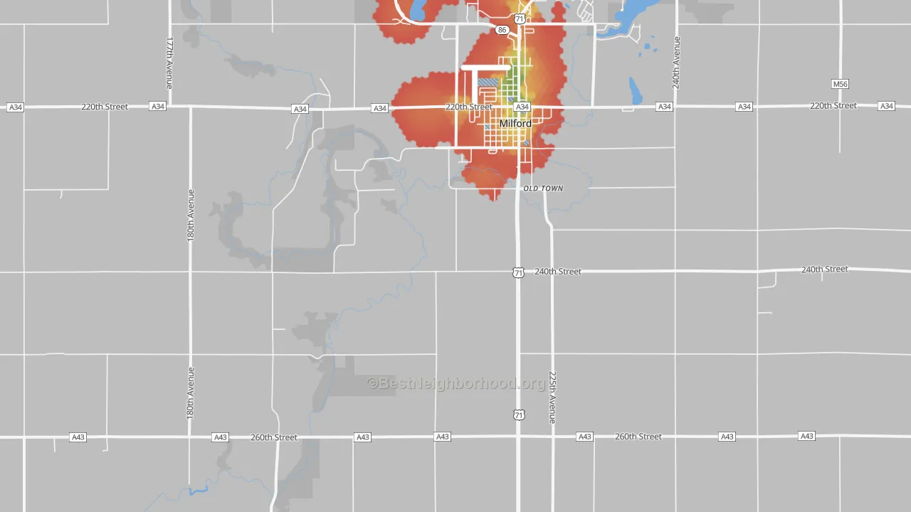 Walk Grade map of Old Town, IA, walkable areas in green and car-dependent areas in red