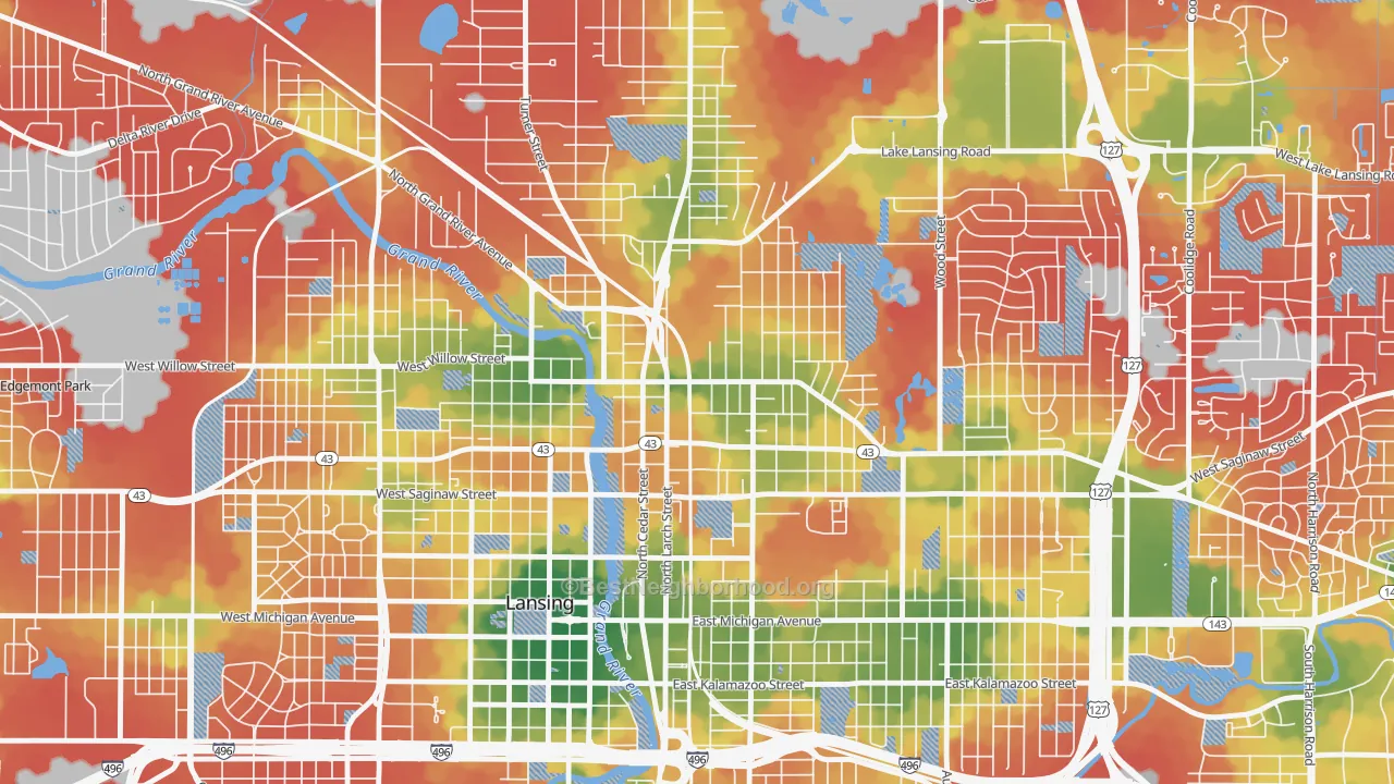 Walk Grade map of Old Town, Lansing, MI, walkable areas in green and car-dependent areas in red