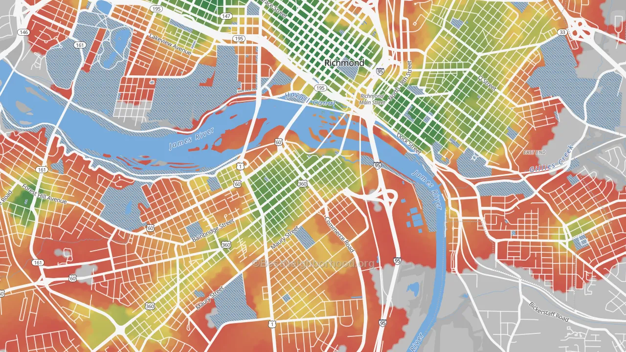 Walk Grade map of Old Town Manchester, Richmond, VA, walkable areas in green and car-dependent areas in red