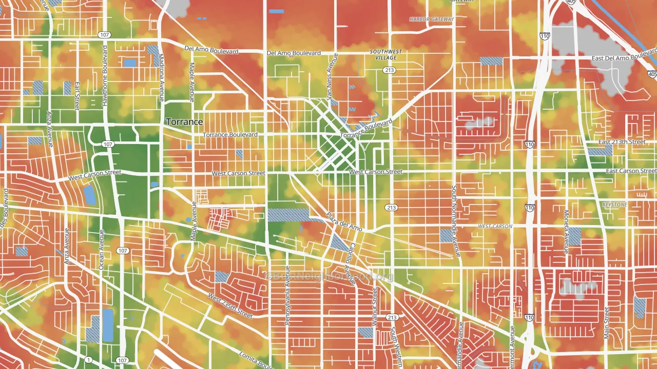 Walk Grade map of Old Town, Torrance, CA, walkable areas in green and car-dependent areas in red