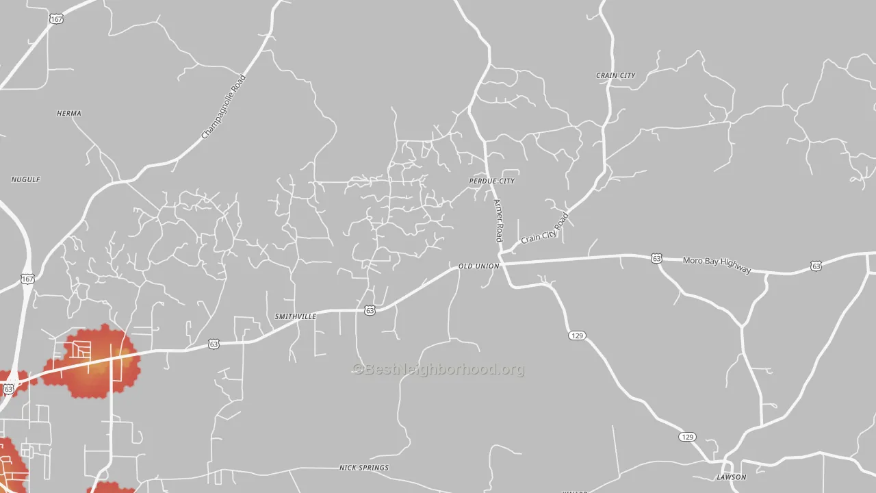 Walk Grade map of Old Union, AR, walkable areas in green and car-dependent areas in red