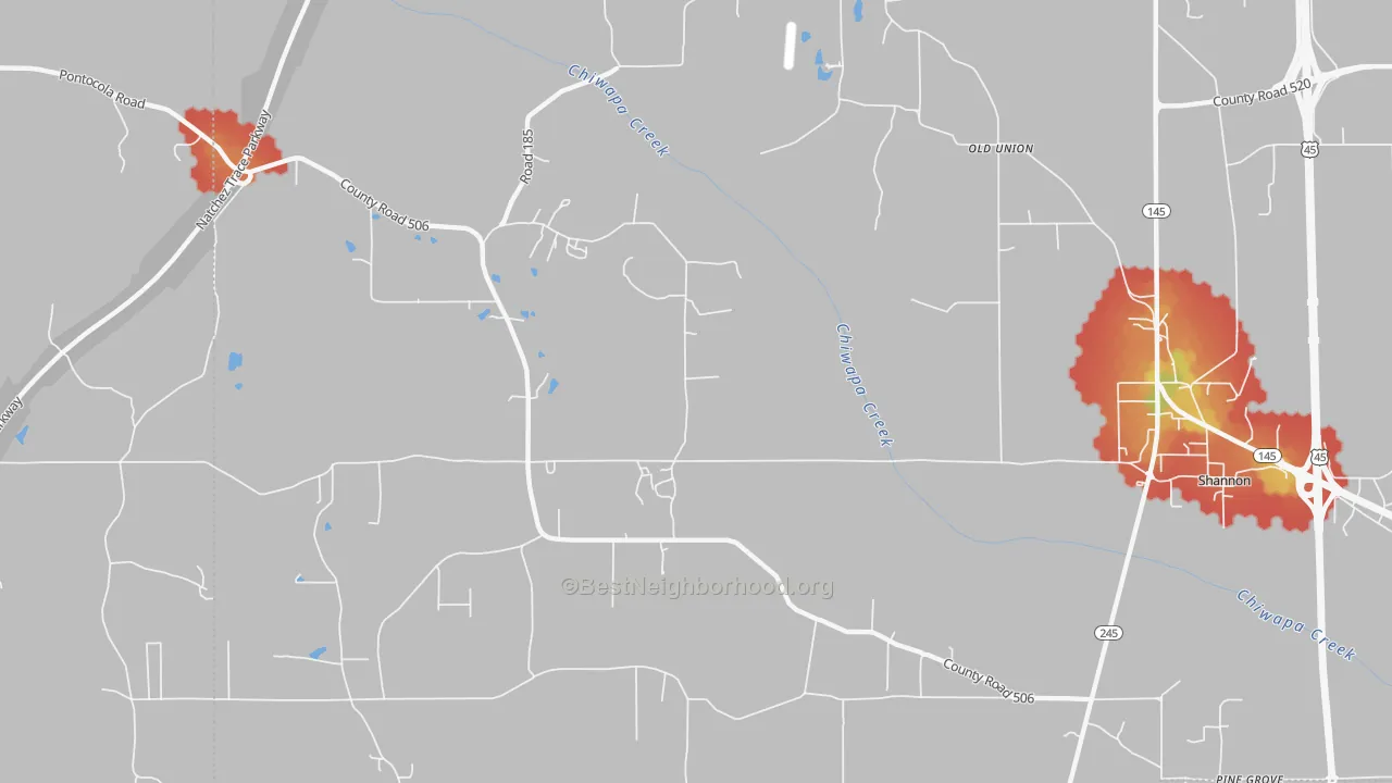 Walk Grade map of Old Union, MS, walkable areas in green and car-dependent areas in red
