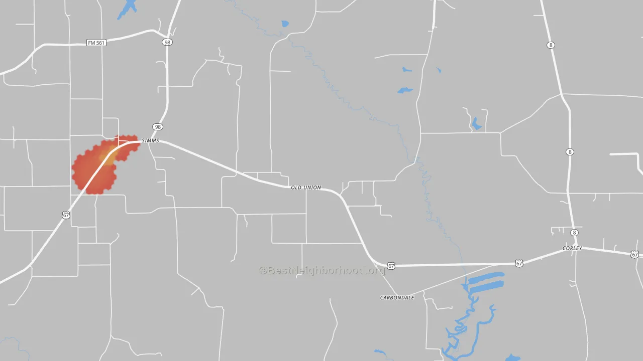 Walk Grade map of Old Union, TX, walkable areas in green and car-dependent areas in red
